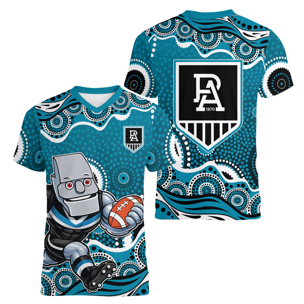 Port Adelaide Power Women V-Neck T-Shirt Aboriginal Dot Pattern - Football Mascot Heritage Pride