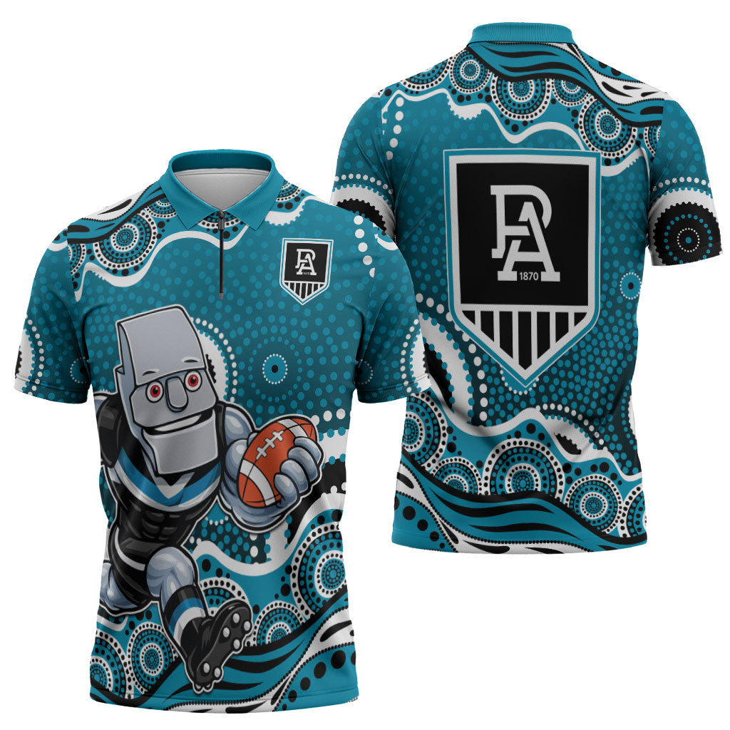 Port Adelaide Power Zipper Polo Shirt Aboriginal Dot Pattern - Football Mascot Heritage Pride