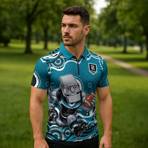 Port Adelaide Power Zipper Polo Shirt Aboriginal Dot Pattern - Football Mascot Heritage Pride