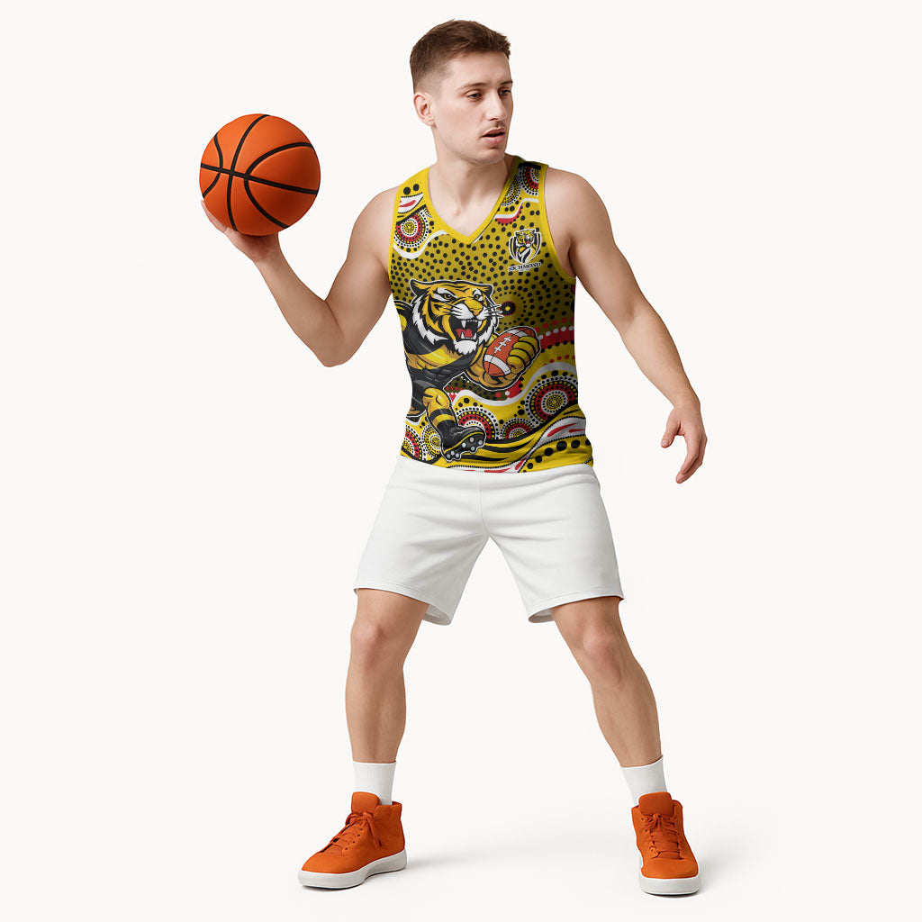 Richmond Tigers Basketball Jersey Aboriginal Dot Pattern - Football Mascot Heritage Pride