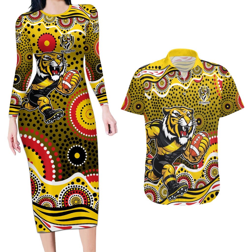 Richmond Tigers Couples Matching Long Sleeve Bodycon Dress and Hawaiian Shirt Aboriginal Dot Pattern - Football Mascot Heritage Pride