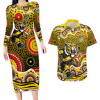 Richmond Tigers Couples Matching Long Sleeve Bodycon Dress and Hawaiian Shirt Aboriginal Dot Pattern - Football Mascot Heritage Pride