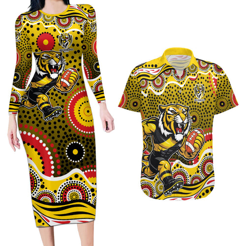 Richmond Tigers Couples Matching Long Sleeve Bodycon Dress and Hawaiian Shirt Aboriginal Dot Pattern - Football Mascot Heritage Pride