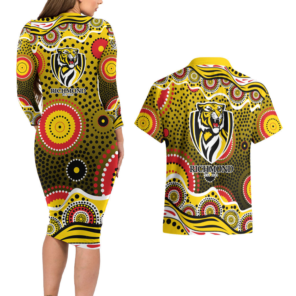 Richmond Tigers Couples Matching Long Sleeve Bodycon Dress and Hawaiian Shirt Aboriginal Dot Pattern - Football Mascot Heritage Pride