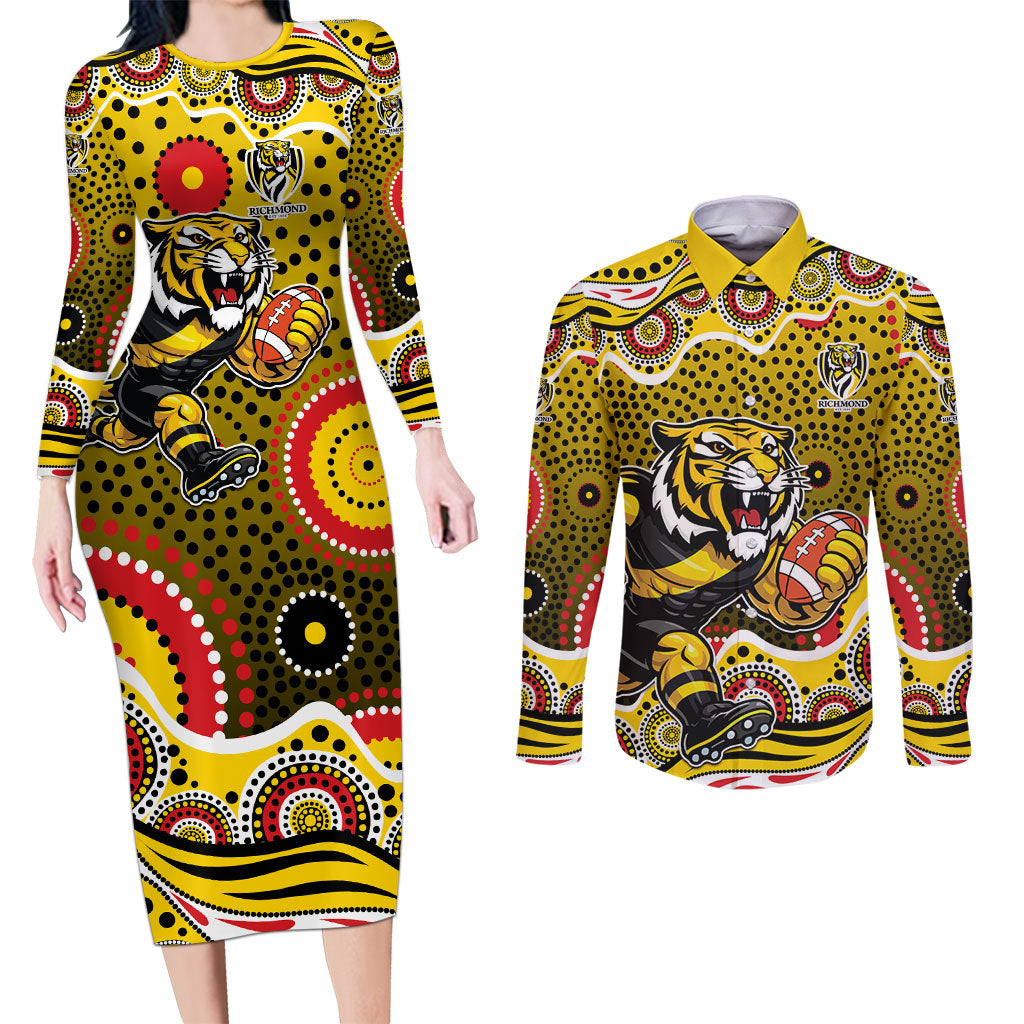 Richmond Tigers Couples Matching Long Sleeve Bodycon Dress and Long Sleeve Button Shirt Aboriginal Dot Pattern - Football Mascot Heritage Pride