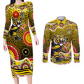 Richmond Tigers Couples Matching Long Sleeve Bodycon Dress and Long Sleeve Button Shirt Aboriginal Dot Pattern - Football Mascot Heritage Pride