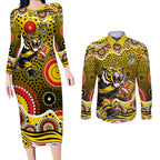 Richmond Tigers Couples Matching Long Sleeve Bodycon Dress and Long Sleeve Button Shirt Aboriginal Dot Pattern - Football Mascot Heritage Pride