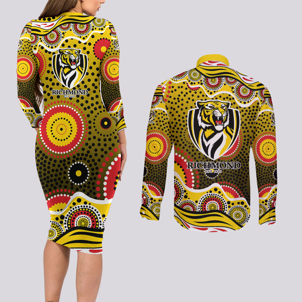 Richmond Tigers Couples Matching Long Sleeve Bodycon Dress and Long Sleeve Button Shirt Aboriginal Dot Pattern - Football Mascot Heritage Pride