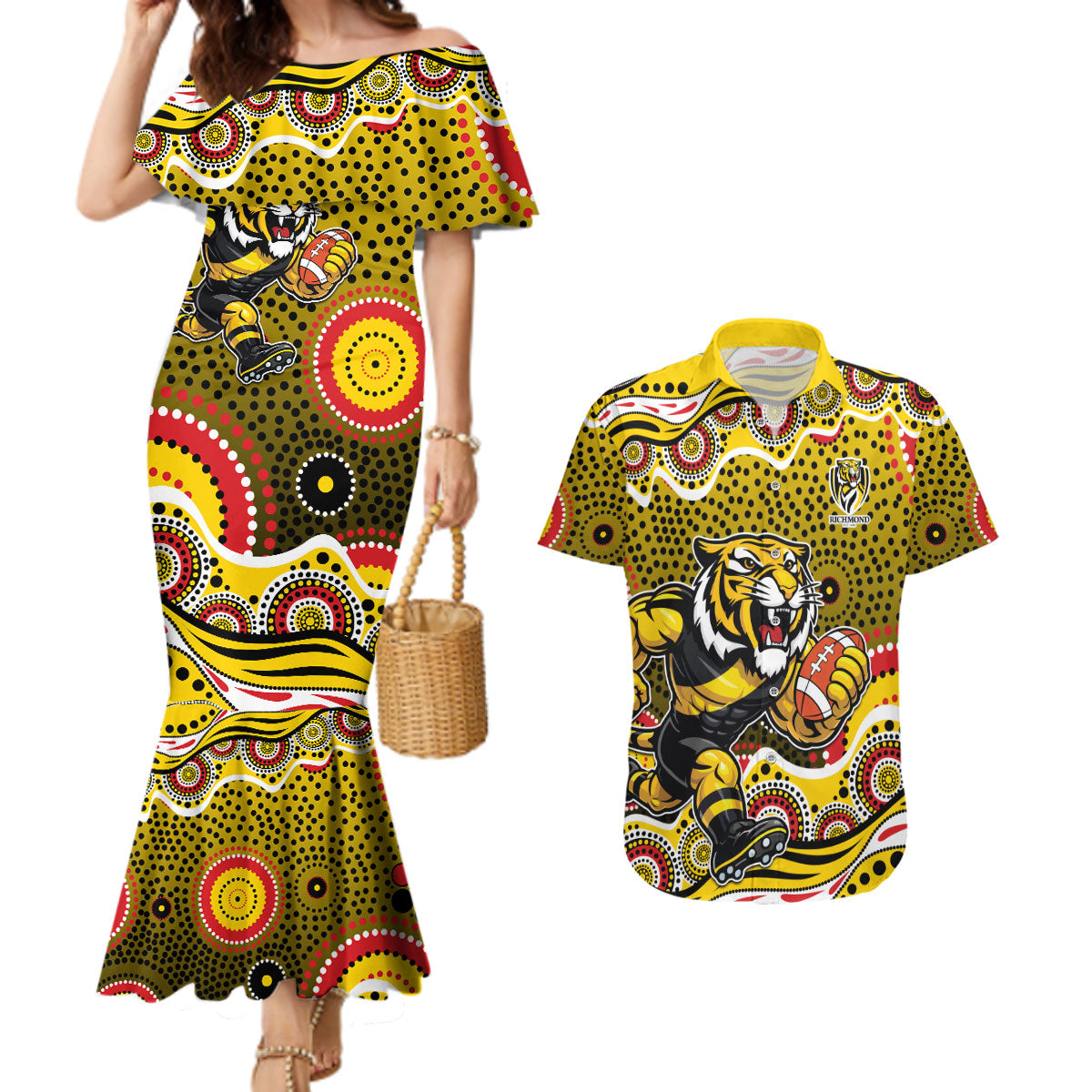 Richmond Tigers Couples Matching Mermaid Dress and Hawaiian Shirt Aboriginal Dot Pattern - Football Mascot Heritage Pride