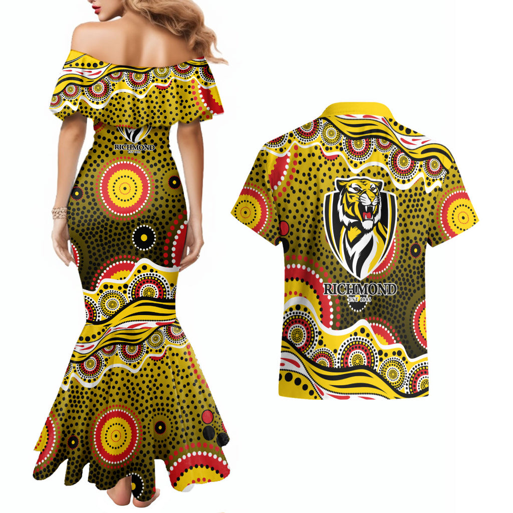 Richmond Tigers Couples Matching Mermaid Dress and Hawaiian Shirt Aboriginal Dot Pattern - Football Mascot Heritage Pride