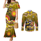 Richmond Tigers Couples Matching Mermaid Dress and Long Sleeve Button Shirt Aboriginal Dot Pattern - Football Mascot Heritage Pride