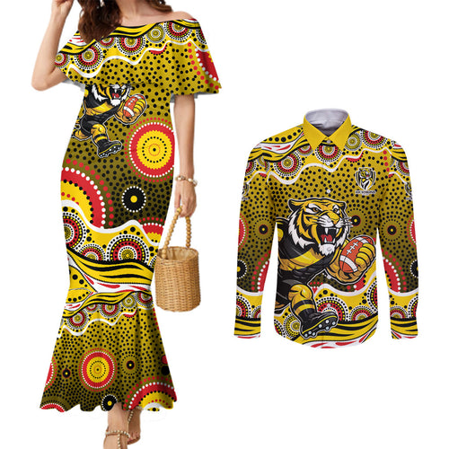 Richmond Tigers Couples Matching Mermaid Dress and Long Sleeve Button Shirt Aboriginal Dot Pattern - Football Mascot Heritage Pride