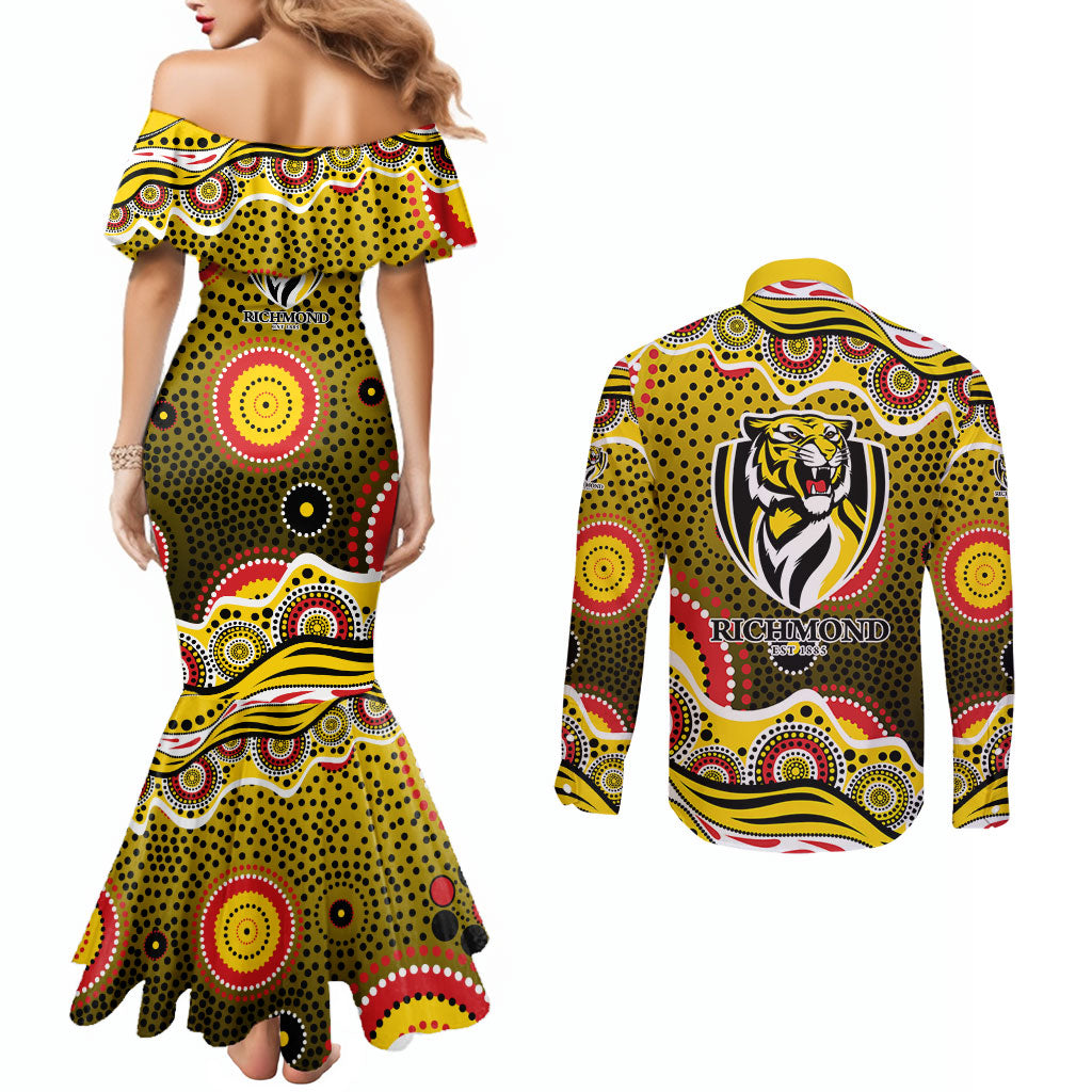 Richmond Tigers Couples Matching Mermaid Dress and Long Sleeve Button Shirt Aboriginal Dot Pattern - Football Mascot Heritage Pride