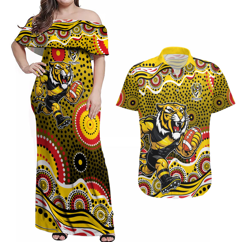 Richmond Tigers Couples Matching Off Shoulder Maxi Dress and Hawaiian Shirt Aboriginal Dot Pattern - Football Mascot Heritage Pride