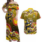 Richmond Tigers Couples Matching Off Shoulder Maxi Dress and Hawaiian Shirt Aboriginal Dot Pattern - Football Mascot Heritage Pride