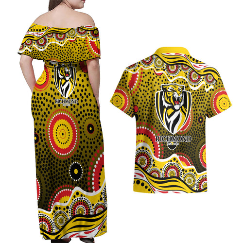 Richmond Tigers Couples Matching Off Shoulder Maxi Dress and Hawaiian Shirt Aboriginal Dot Pattern - Football Mascot Heritage Pride