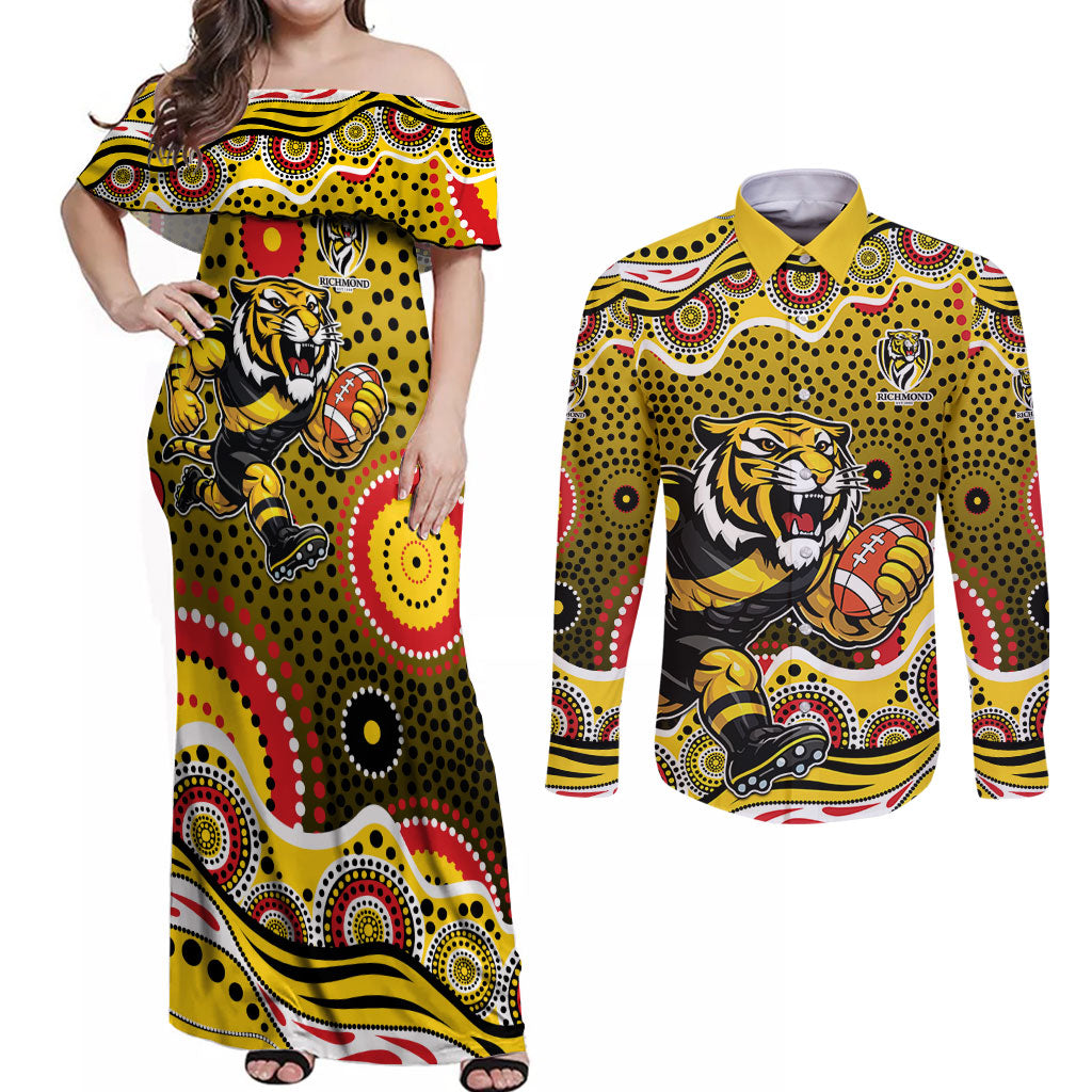 Richmond Tigers Couples Matching Off Shoulder Maxi Dress and Long Sleeve Button Shirt Aboriginal Dot Pattern - Football Mascot Heritage Pride