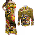 Richmond Tigers Couples Matching Off Shoulder Maxi Dress and Long Sleeve Button Shirt Aboriginal Dot Pattern - Football Mascot Heritage Pride