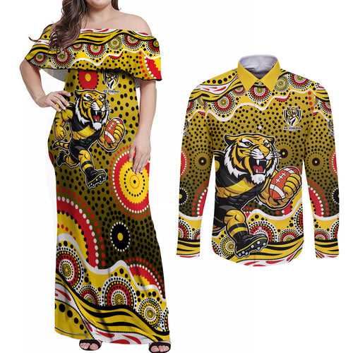 Richmond Tigers Couples Matching Off Shoulder Maxi Dress and Long Sleeve Button Shirt Aboriginal Dot Pattern - Football Mascot Heritage Pride