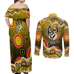Richmond Tigers Couples Matching Off Shoulder Maxi Dress and Long Sleeve Button Shirt Aboriginal Dot Pattern - Football Mascot Heritage Pride
