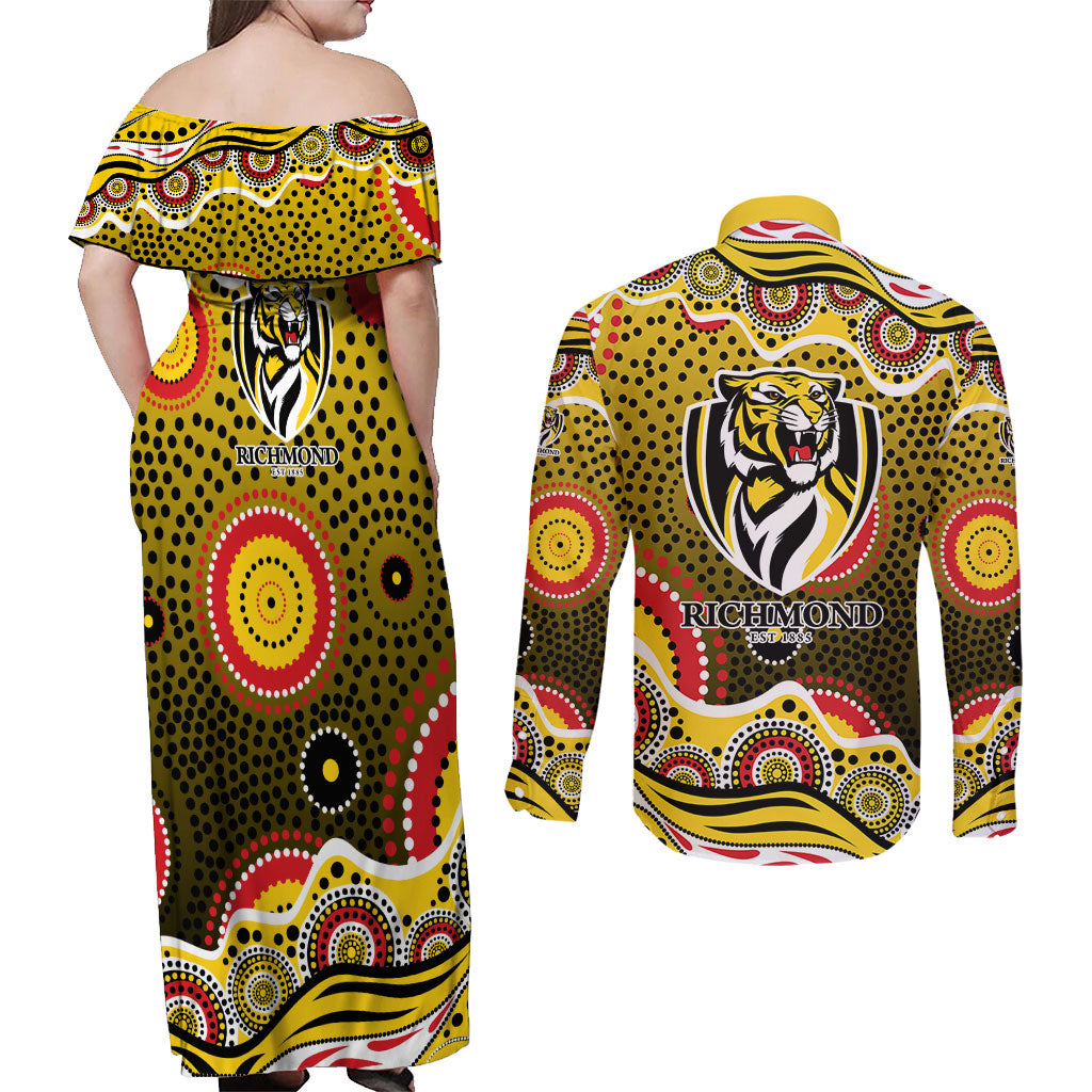 Richmond Tigers Couples Matching Off Shoulder Maxi Dress and Long Sleeve Button Shirt Aboriginal Dot Pattern - Football Mascot Heritage Pride