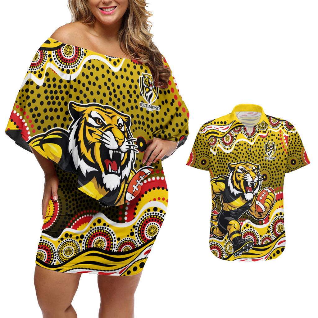 Richmond Tigers Couples Matching Off Shoulder Short Dress and Hawaiian Shirt Aboriginal Dot Pattern - Football Mascot Heritage Pride