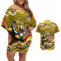 Richmond Tigers Couples Matching Off Shoulder Short Dress and Hawaiian Shirt Aboriginal Dot Pattern - Football Mascot Heritage Pride