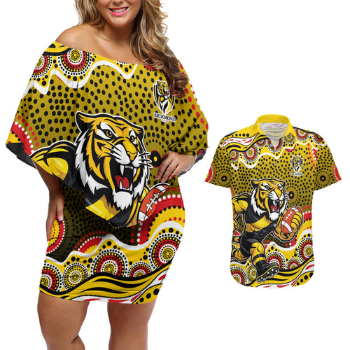 Richmond Tigers Couples Matching Off Shoulder Short Dress and Hawaiian Shirt Aboriginal Dot Pattern - Football Mascot Heritage Pride