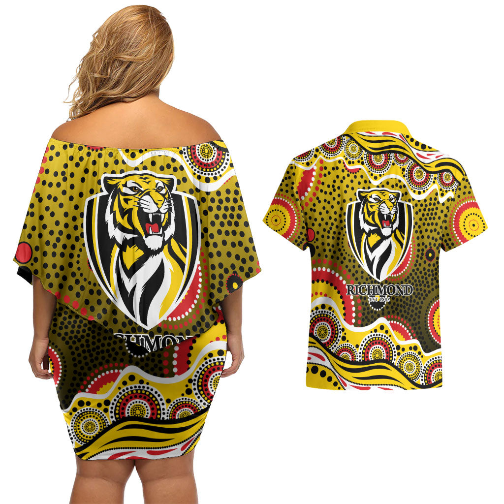 Richmond Tigers Couples Matching Off Shoulder Short Dress and Hawaiian Shirt Aboriginal Dot Pattern - Football Mascot Heritage Pride