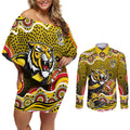 Richmond Tigers Couples Matching Off Shoulder Short Dress and Long Sleeve Button Shirt Aboriginal Dot Pattern - Football Mascot Heritage Pride
