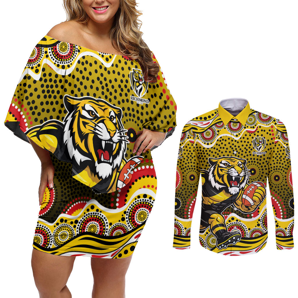 Richmond Tigers Couples Matching Off Shoulder Short Dress and Long Sleeve Button Shirt Aboriginal Dot Pattern - Football Mascot Heritage Pride