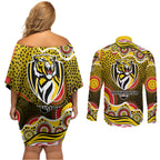Richmond Tigers Couples Matching Off Shoulder Short Dress and Long Sleeve Button Shirt Aboriginal Dot Pattern - Football Mascot Heritage Pride