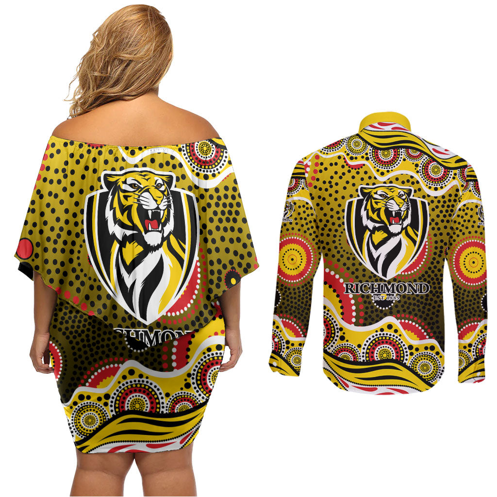 Richmond Tigers Couples Matching Off Shoulder Short Dress and Long Sleeve Button Shirt Aboriginal Dot Pattern - Football Mascot Heritage Pride