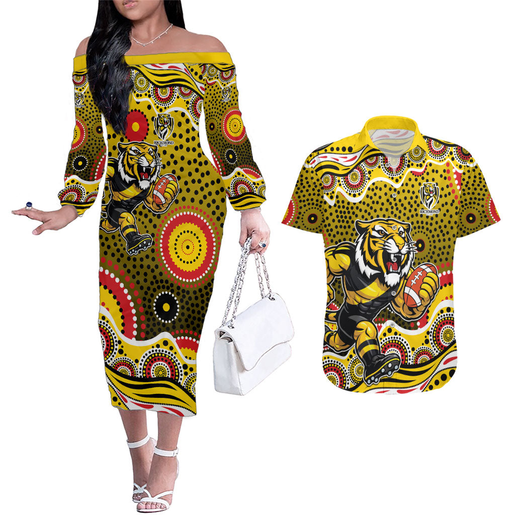 Richmond Tigers Couples Matching Off The Shoulder Long Sleeve Dress and Hawaiian Shirt Aboriginal Dot Pattern - Football Mascot Heritage Pride