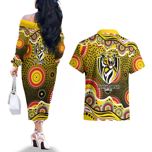Richmond Tigers Couples Matching Off The Shoulder Long Sleeve Dress and Hawaiian Shirt Aboriginal Dot Pattern - Football Mascot Heritage Pride