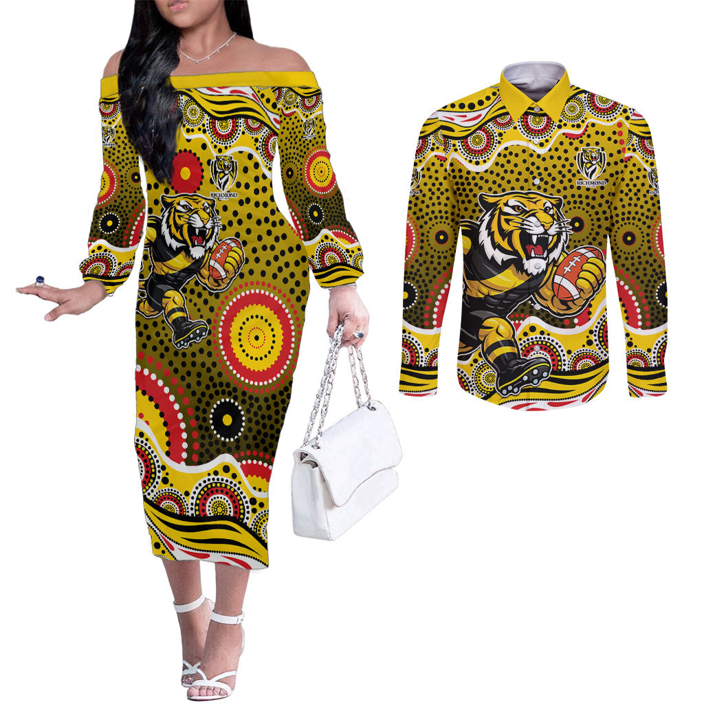 Richmond Tigers Couples Matching Off The Shoulder Long Sleeve Dress and Long Sleeve Button Shirt Aboriginal Dot Pattern - Football Mascot Heritage Pride