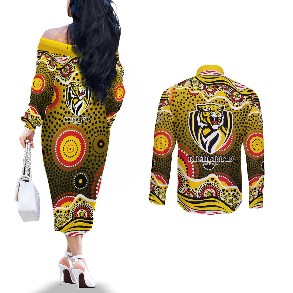 Richmond Tigers Couples Matching Off The Shoulder Long Sleeve Dress and Long Sleeve Button Shirt Aboriginal Dot Pattern - Football Mascot Heritage Pride
