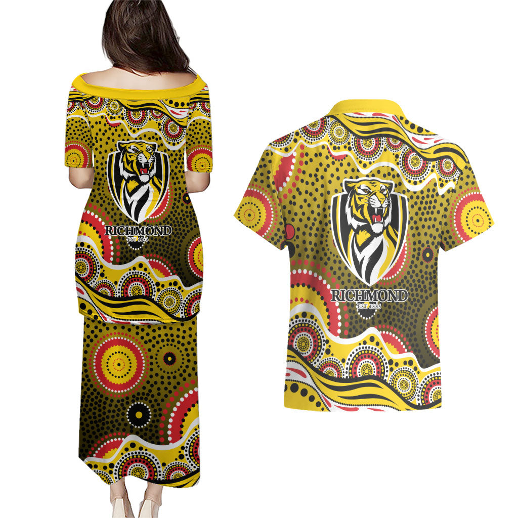 Richmond Tigers Couples Matching Puletasi and Hawaiian Shirt Aboriginal Dot Pattern - Football Mascot Heritage Pride