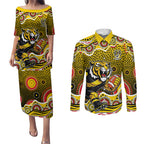 Richmond Tigers Couples Matching Puletasi and Long Sleeve Button Shirt Aboriginal Dot Pattern - Football Mascot Heritage Pride