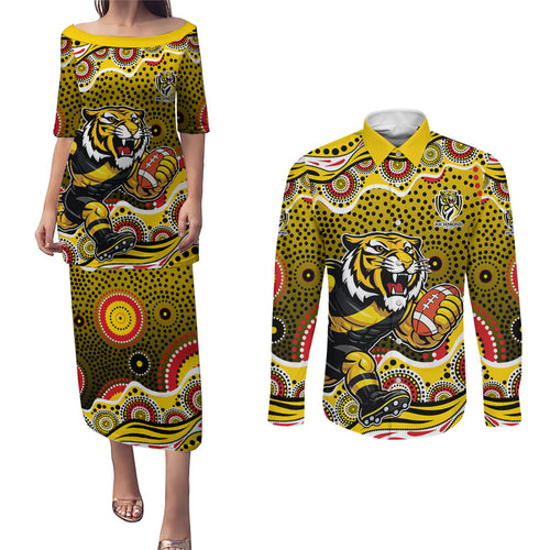 Richmond Tigers Couples Matching Puletasi and Long Sleeve Button Shirt Aboriginal Dot Pattern - Football Mascot Heritage Pride