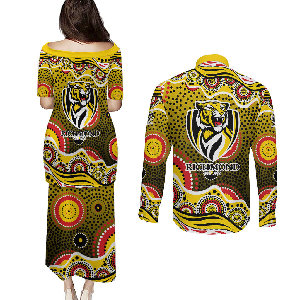Richmond Tigers Couples Matching Puletasi and Long Sleeve Button Shirt Aboriginal Dot Pattern - Football Mascot Heritage Pride