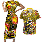 Richmond Tigers Couples Matching Short Sleeve Bodycon Dress and Hawaiian Shirt Aboriginal Dot Pattern - Football Mascot Heritage Pride