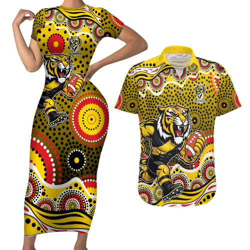 Richmond Tigers Couples Matching Short Sleeve Bodycon Dress and Hawaiian Shirt Aboriginal Dot Pattern - Football Mascot Heritage Pride
