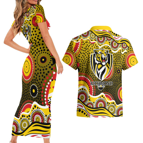 Richmond Tigers Couples Matching Short Sleeve Bodycon Dress and Hawaiian Shirt Aboriginal Dot Pattern - Football Mascot Heritage Pride