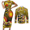 Richmond Tigers Couples Matching Short Sleeve Bodycon Dress and Long Sleeve Button Shirt Aboriginal Dot Pattern - Football Mascot Heritage Pride