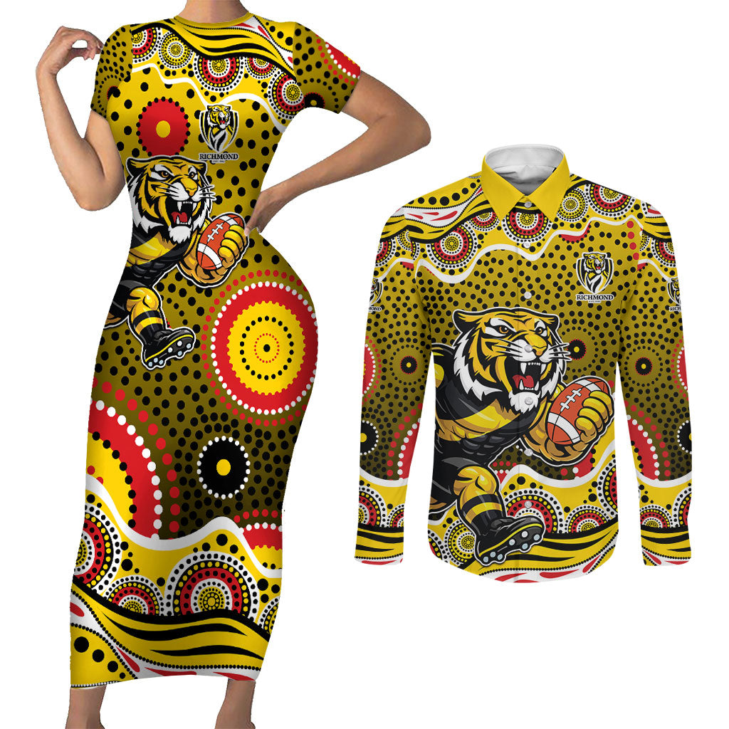 Richmond Tigers Couples Matching Short Sleeve Bodycon Dress and Long Sleeve Button Shirt Aboriginal Dot Pattern - Football Mascot Heritage Pride