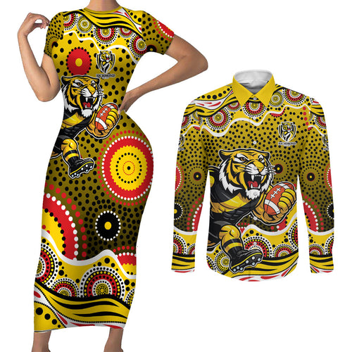 Richmond Tigers Couples Matching Short Sleeve Bodycon Dress and Long Sleeve Button Shirt Aboriginal Dot Pattern - Football Mascot Heritage Pride