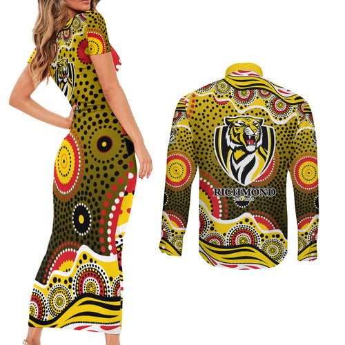 Richmond Tigers Couples Matching Short Sleeve Bodycon Dress and Long Sleeve Button Shirt Aboriginal Dot Pattern - Football Mascot Heritage Pride