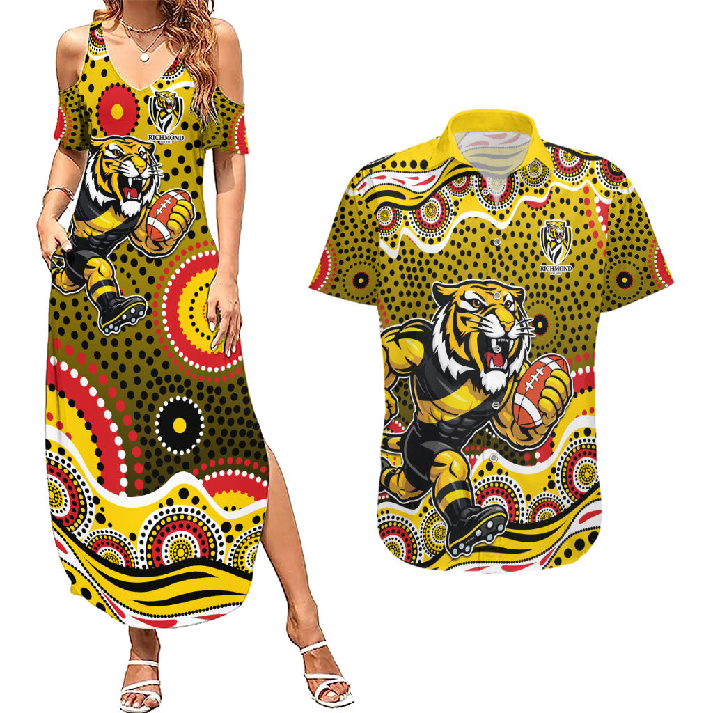 Richmond Tigers Couples Matching Summer Maxi Dress and Hawaiian Shirt Aboriginal Dot Pattern - Football Mascot Heritage Pride