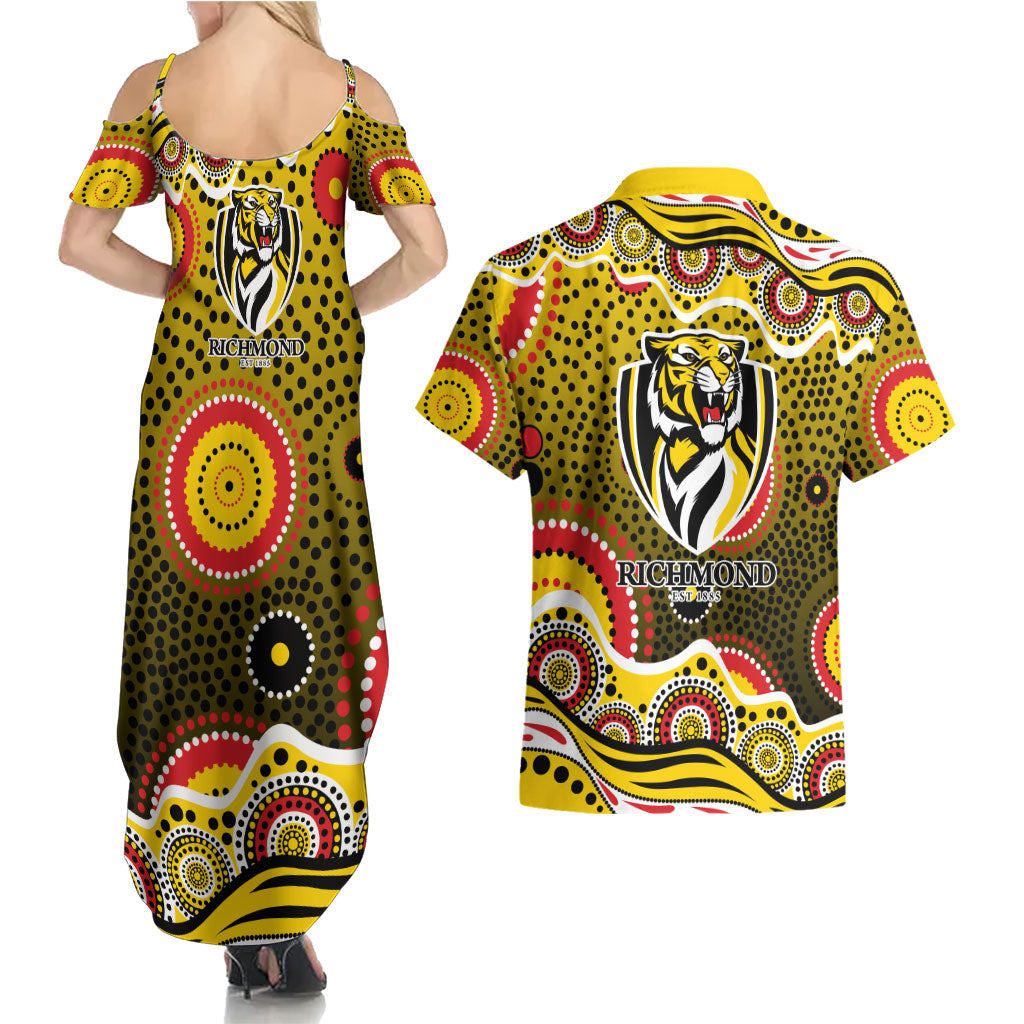 Richmond Tigers Couples Matching Summer Maxi Dress and Hawaiian Shirt Aboriginal Dot Pattern - Football Mascot Heritage Pride
